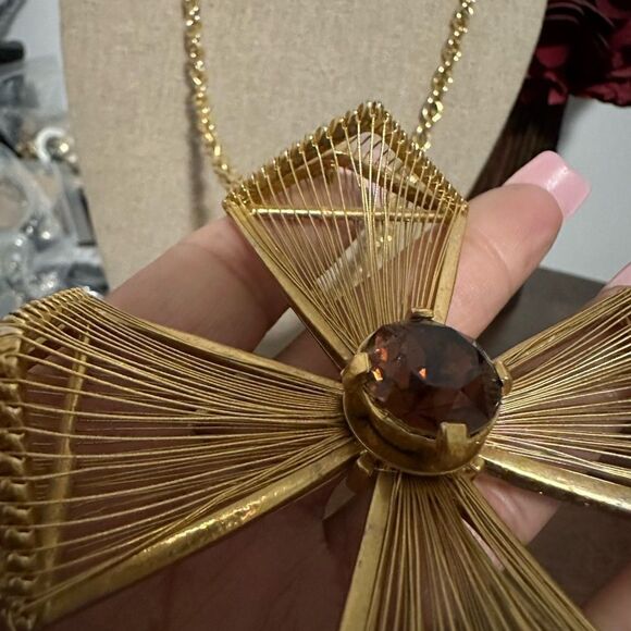 Vtg Hobe Goldtone Wire Wrapped Smoke Topaz Rhinestone Cross Pendant Necklaceset - Picture 7 of 8